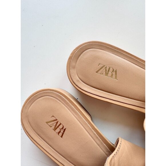 ZARA Tan Beige Leather Pearl Trim Pointed Toe Slingback Ballet Flats, Size 37 - Picture 3 of 14